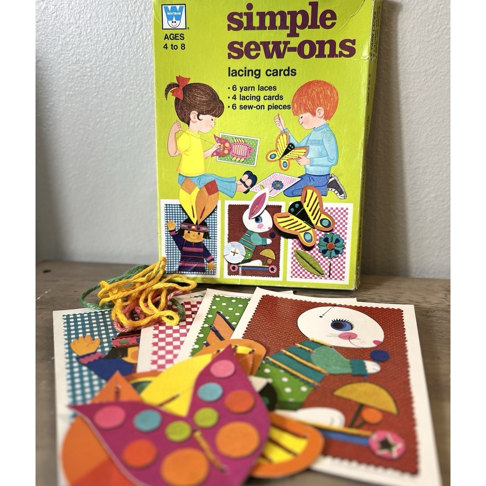 1974 Whitman Simple Sew-Ons‎ Lacing Cards Set Vintage Kids Craft Box **READ